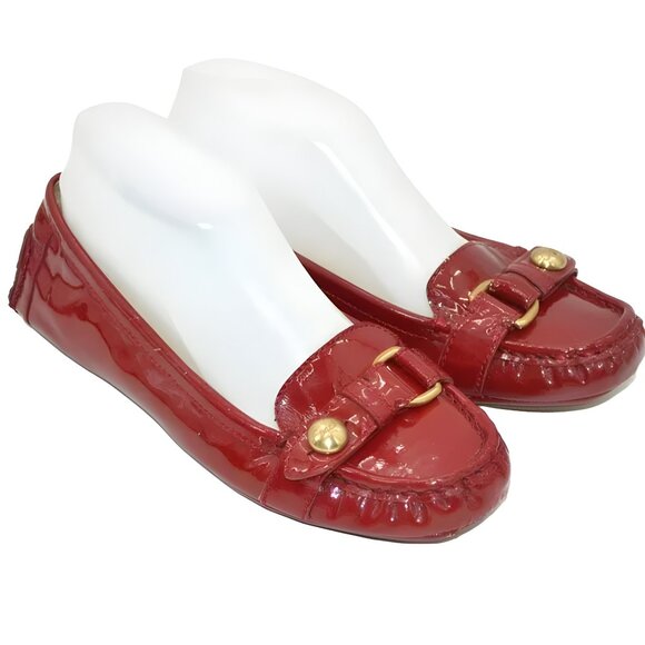 Coach Fire Red Classic Patent Leather Horsebit Gold Buckle Dress Loafers Flats 8 - Picture 1 of 13